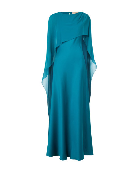 Vestido comprido fluido em cetim estruturado com capa em georgette Rinascimento