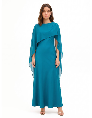 Vestido comprido fluido em cetim estruturado com capa em georgette Rinascimento