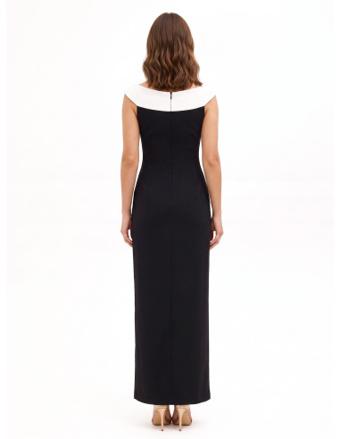 Vestido comprido em crepe scuba com painel plissado em contraste Rinascimento
