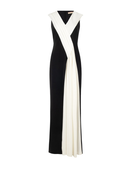 Vestido comprido em crepe scuba com painel plissado em contraste Rinascimento