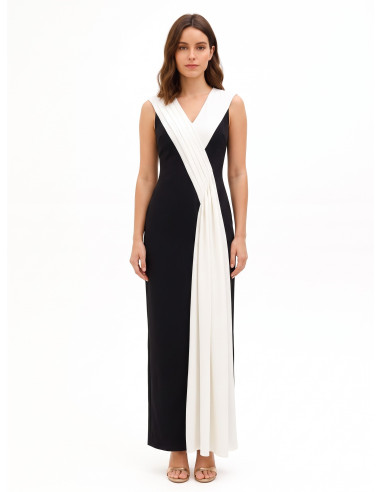 Vestido comprido em crepe scuba com painel plissado em contraste Rinascimento