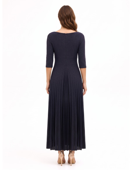 Vestido Comprido Rodado Plissado em Lurex com Efeito Glitter e Mangas a 3/4 Rinascimento