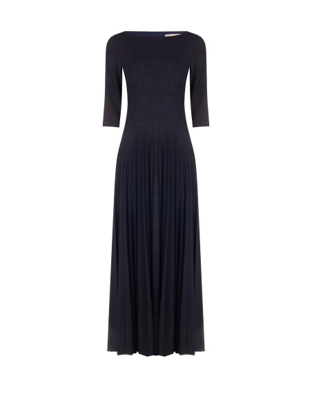 Vestido Comprido Rodado Plissado em Lurex com Efeito Glitter e Mangas a 3/4 Rinascimento
