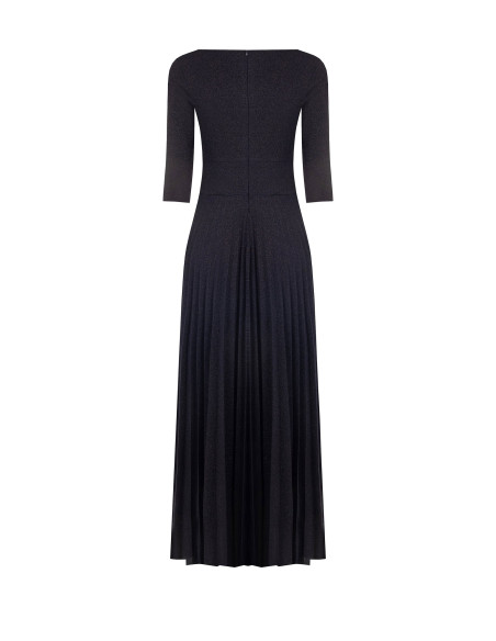 Vestido Comprido Rodado Plissado em Lurex com Efeito Glitter e Mangas a 3/4 Rinascimento