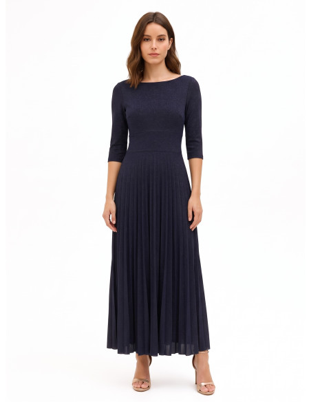Vestido Comprido Rodado Plissado em Lurex com Efeito Glitter e Mangas a 3/4 Rinascimento