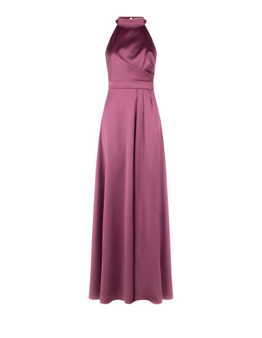 Vestido comprido em cetim estruturado, de gola alta, franzido de um lado Rinascimento