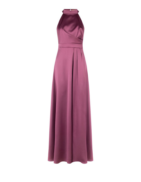 Vestido comprido em cetim estruturado, de gola alta, franzido de um lado Rinascimento