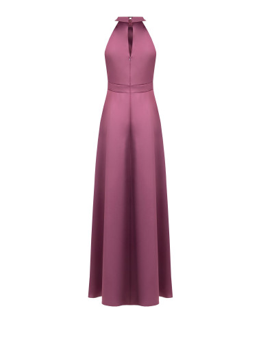 Vestido comprido em cetim estruturado, de gola alta, franzido de um lado Rinascimento