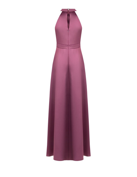 Vestido comprido em cetim estruturado, de gola alta, franzido de um lado Rinascimento