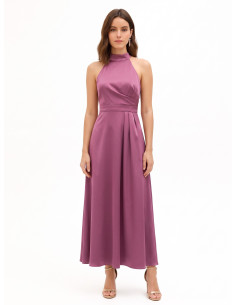 Vestido comprido em cetim estruturado, de gola alta, franzido de um lado Rinascimento