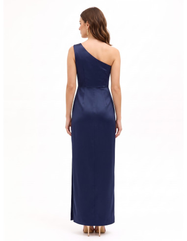 Vestido comprido em cetim estruturado com drapeado e racha lateral Rinascimento