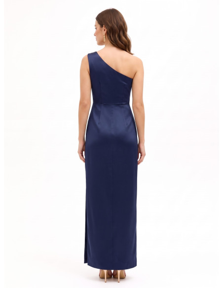 Vestido comprido em cetim estruturado com drapeado e racha lateral Rinascimento