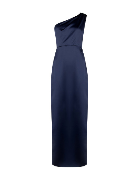 Vestido comprido em cetim estruturado com drapeado e racha lateral Rinascimento