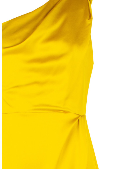 Vestido comprido em cetim estruturado com drapeado e racha lateral Rinascimento