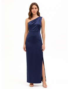 Vestido comprido em cetim estruturado com drapeado e racha lateral Rinascimento