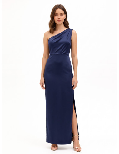 Vestido comprido em cetim estruturado com drapeado e racha lateral Rinascimento