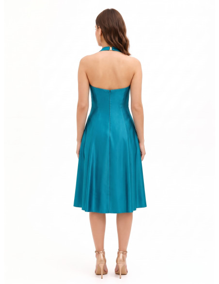 Vestido midi em cetim duchesse estruturado, com bolsos e decote em V transpassado Rinascimento