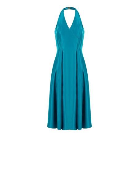Vestido midi em cetim duchesse estruturado, com bolsos e decote em V transpassado Rinascimento