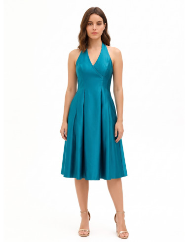 Vestido midi em cetim duchesse estruturado, com bolsos e decote em V transpassado Rinascimento