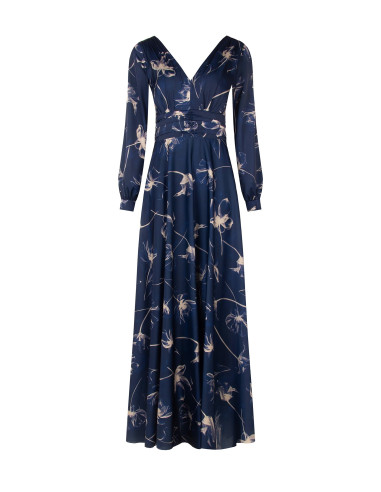 Vestido comprido de cetim com flores grandes, franzido na cintura e com decote em V duplo Rinascimento