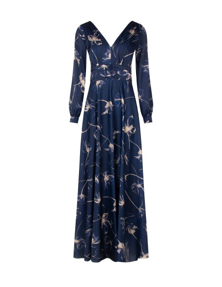 Vestido comprido de cetim com flores grandes, franzido na cintura e com decote em V duplo Rinascimento