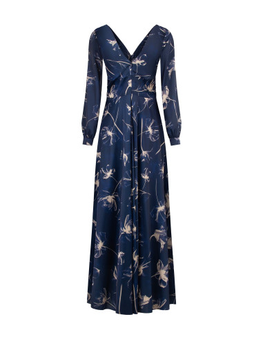 Vestido comprido de cetim com flores grandes, franzido na cintura e com decote em V duplo Rinascimento