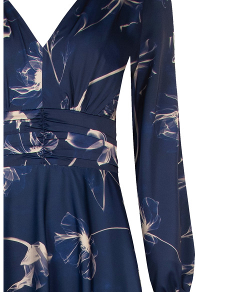 Vestido comprido de cetim com flores grandes, franzido na cintura e com decote em V duplo Rinascimento