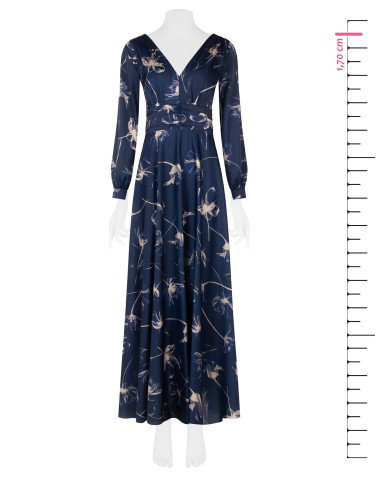 Vestido comprido de cetim com flores grandes, franzido na cintura e com decote em V duplo Rinascimento