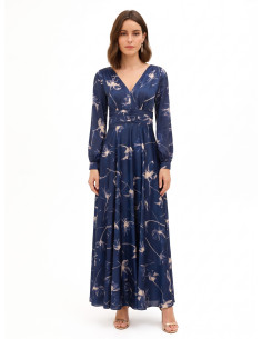 Vestido comprido de cetim com flores grandes, franzido na cintura e com decote em V duplo Rinascimento