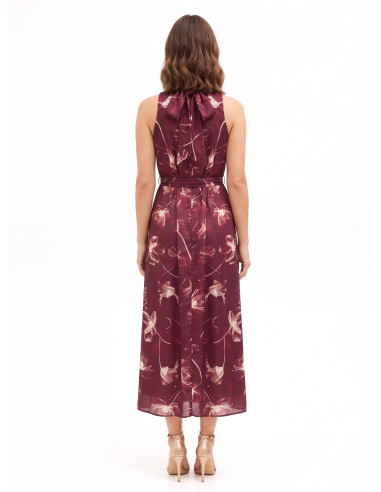 Vestido midi de cetim com flores grandes, decote e laço atrás Rinascimento