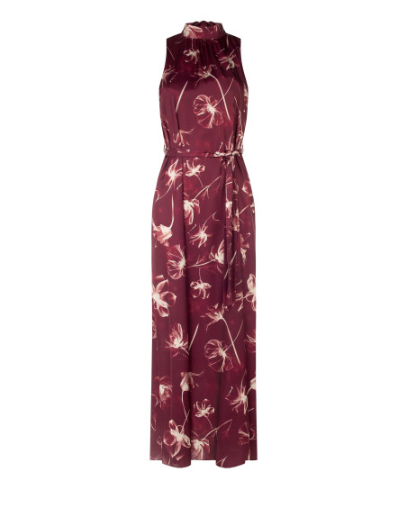 Vestido midi de cetim com flores grandes, decote e laço atrás Rinascimento