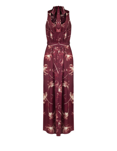 Vestido midi de cetim com flores grandes, decote e laço atrás Rinascimento