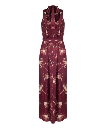 Vestido midi de cetim com flores grandes, decote e laço atrás Rinascimento
