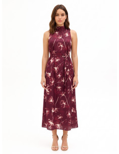 Vestido midi de cetim com flores grandes, decote e laço atrás Rinascimento