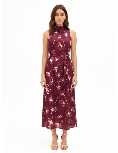 Vestido midi de cetim com flores grandes, decote e laço atrás Rinascimento
