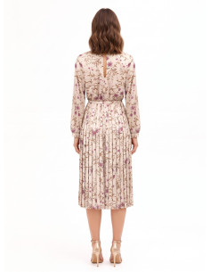 Vestido midi de cetim floral com saia plissada e cinto fino rígido a condizer Rinascimento 2