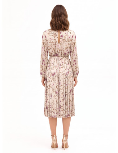Vestido midi de cetim floral com saia plissada e cinto fino rígido a condizer Rinascimento