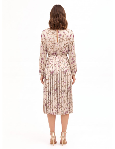 Vestido midi de cetim floral com saia plissada e cinto fino rígido a condizer Rinascimento