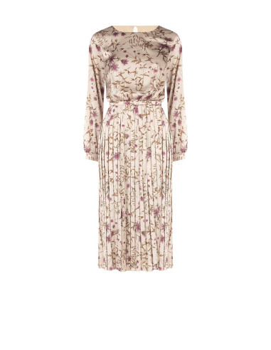 Vestido midi de cetim floral com saia plissada e cinto fino rígido a condizer Rinascimento