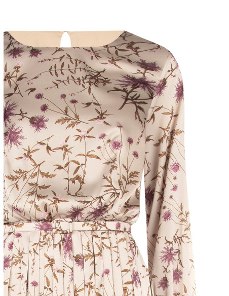 Vestido midi de cetim floral com saia plissada e cinto fino rígido a condizer Rinascimento