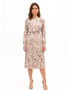 Vestido midi de cetim floral com saia plissada e cinto fino rígido a condizer Rinascimento