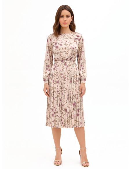 Vestido midi de cetim floral com saia plissada e cinto fino rígido a condizer Rinascimento
