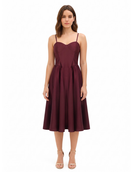 Vestido midi cai-cai em cetim com saia em corola Rinascimento