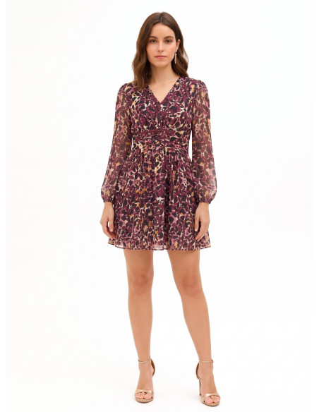 Vestido curto em georgette com estampado animal e gotas de lurex Rinascimento