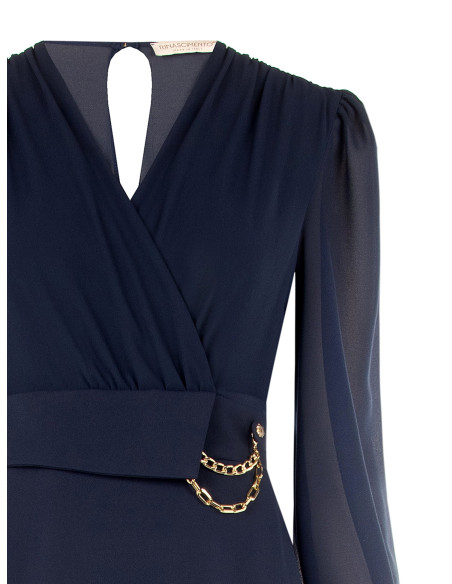 Vestido justo com efeito de duas peças, decote em V cruzado em georgette e saia em crepe scuba Rinascimento