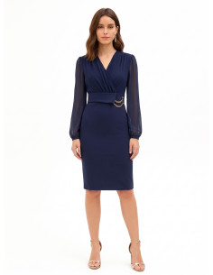 Vestido justo com efeito de duas peças, decote em V cruzado em georgette e saia em crepe scuba Rinascimento
