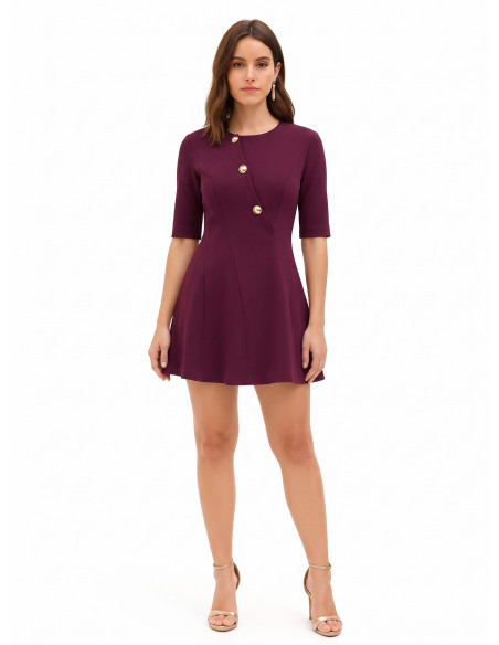 Vestido curto evasé em crepe scuba com botões dourados Rinascimento