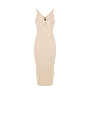 Vestido tubo em crepe scuba com decote em V duplo e pregadeira decorativa Rinascimento