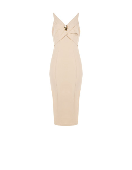 Vestido tubo em crepe scuba com decote em V duplo e pregadeira decorativa Rinascimento