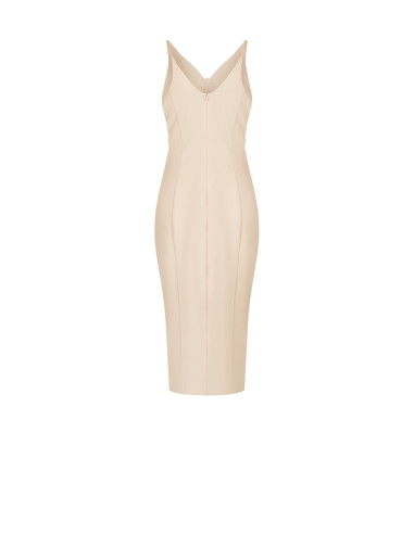 Vestido tubo em crepe scuba com decote em V duplo e pregadeira decorativa Rinascimento